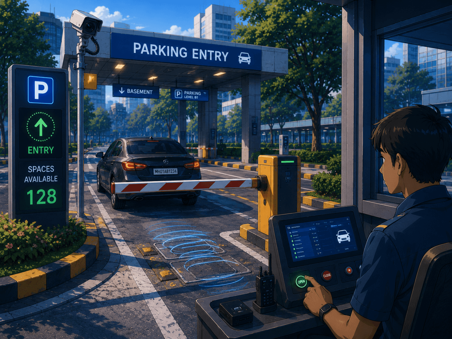 Smart parking entry gate with ANPR camera, boom barrier, and operator control panel