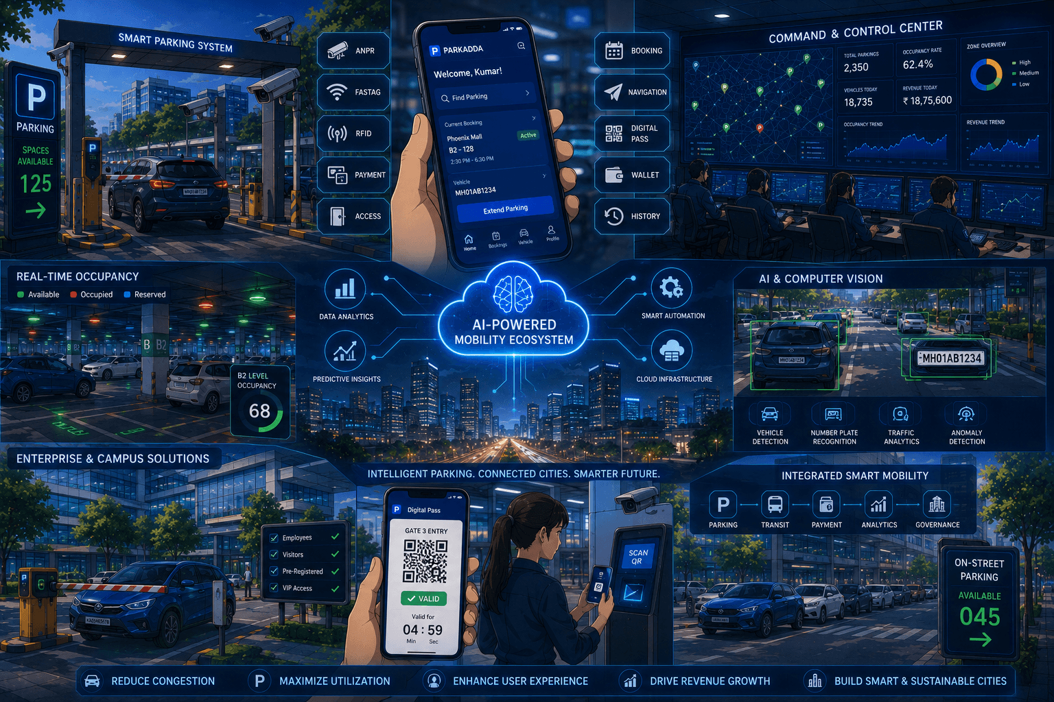Full Parkadda ecosystem: ANPR, FASTag, mobile app, AI computer vision, command center