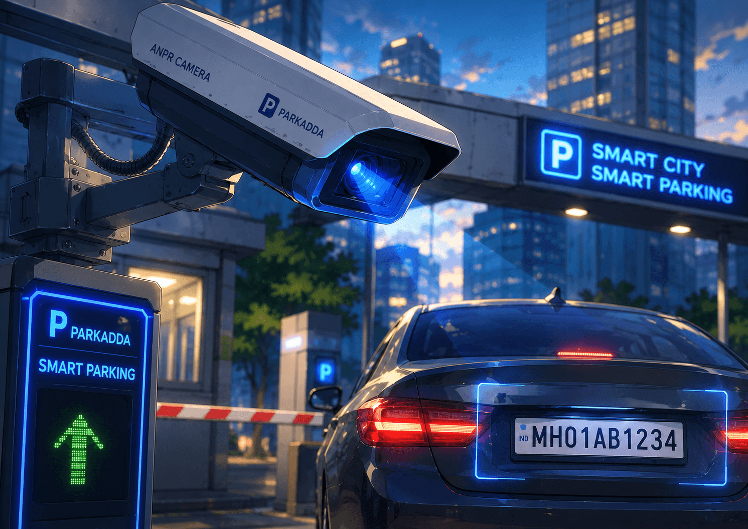 Parkadda ANPR camera scanning Indian vehicle number plate at night