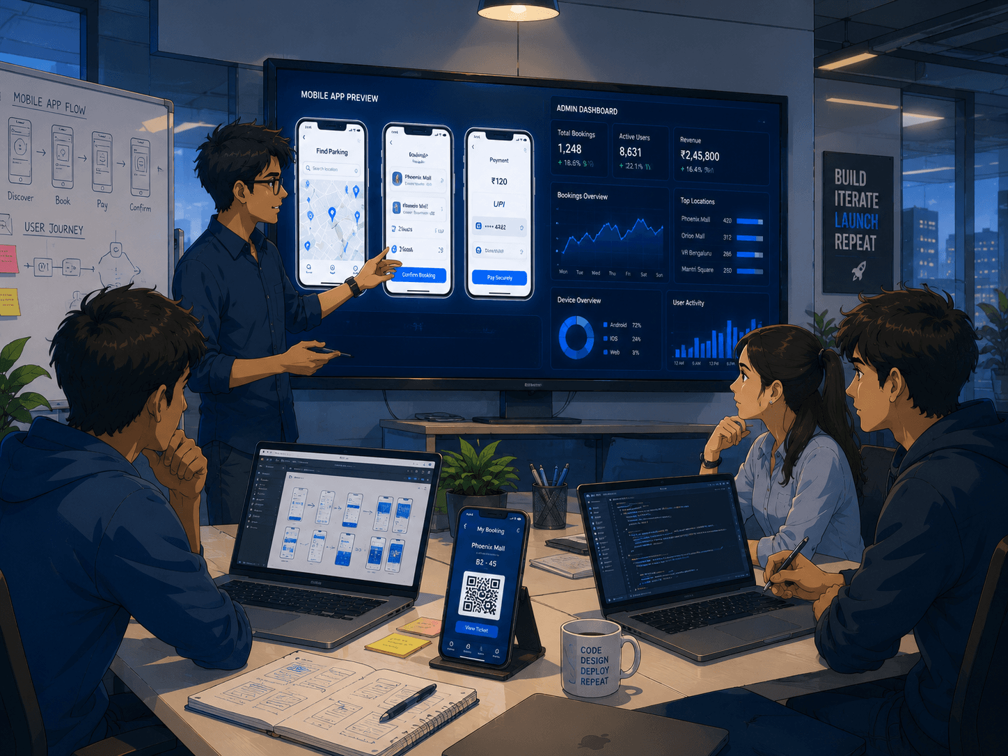 Mobile app development team reviewing app prototype and admin dashboard on screen