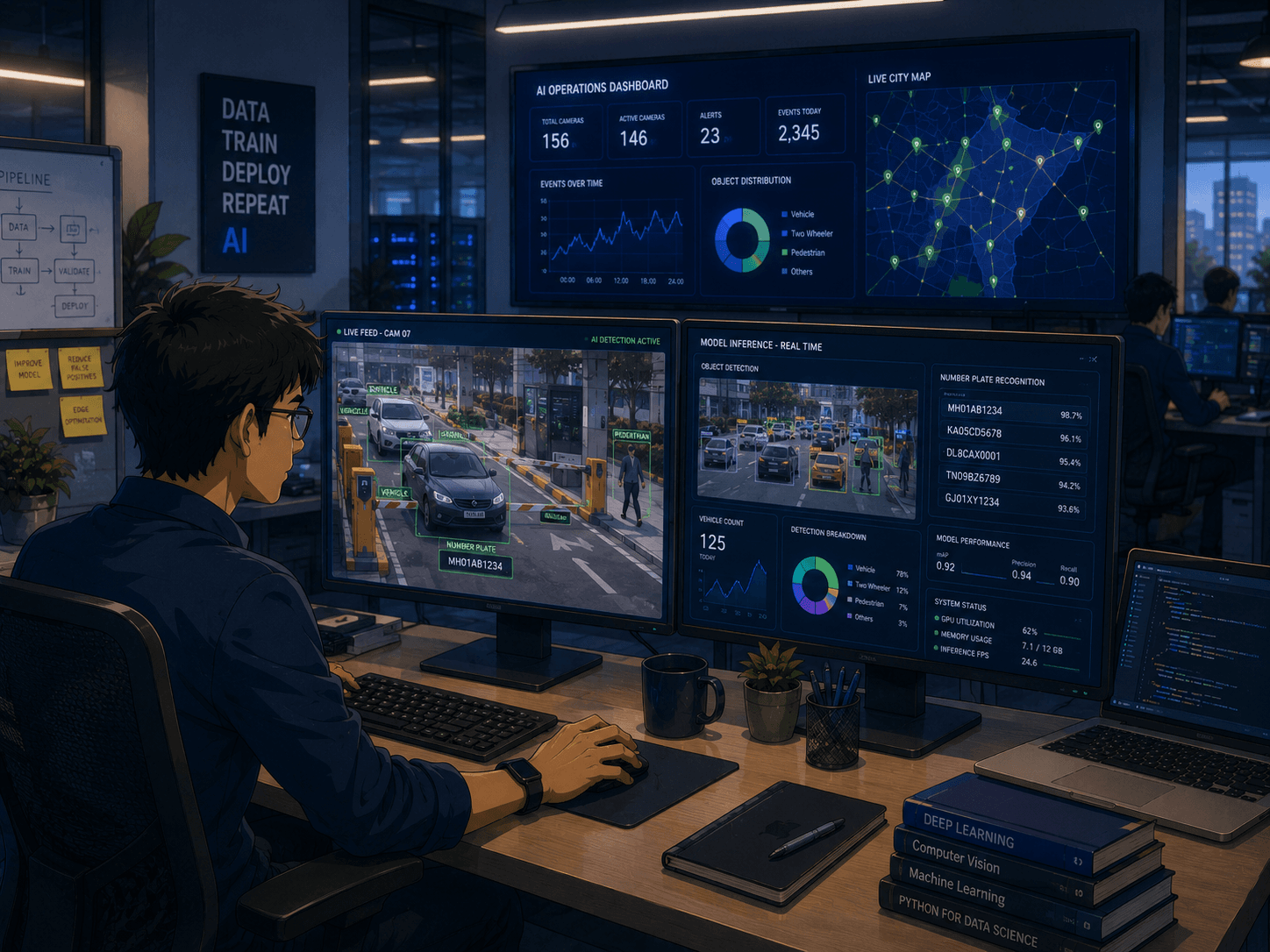 AI operations dashboard with computer vision detection, number plate recognition, and ML inference
