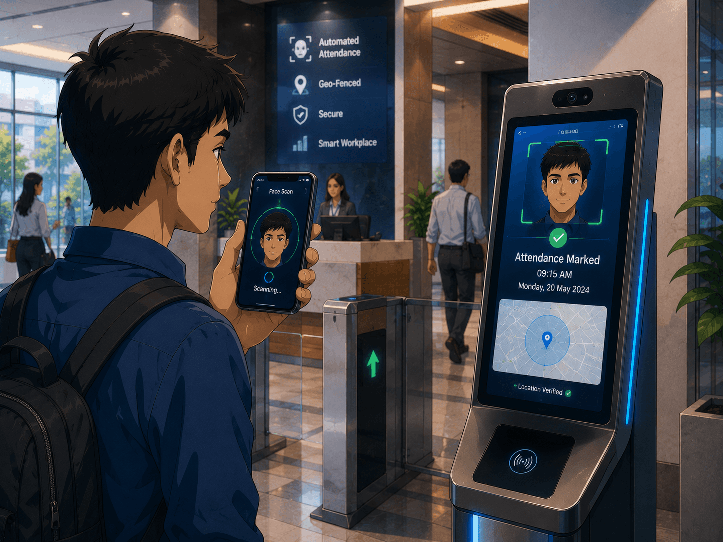 Employee scanning face for geo-fenced attendance check-in at corporate lobby