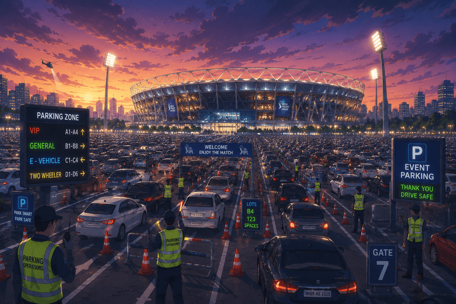 Stadium event parking with IPL ground in background, stewards, and zone boards