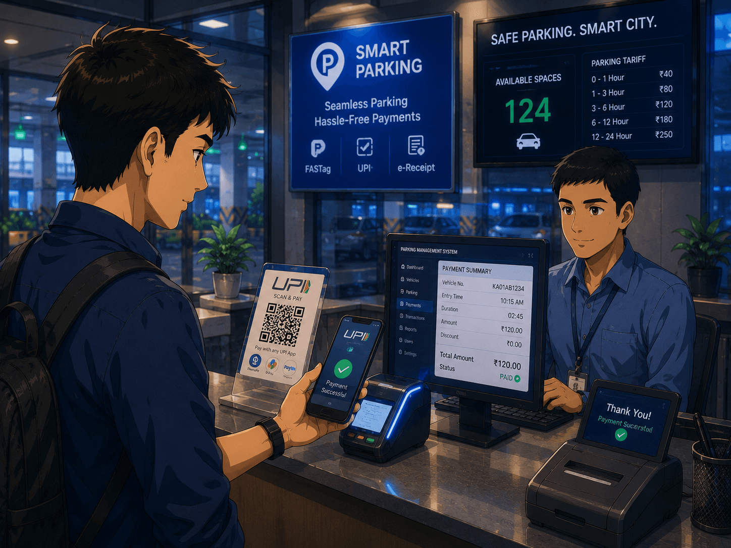 Smart parking POS counter with UPI QR payment, FASTag terminal and parking management screen