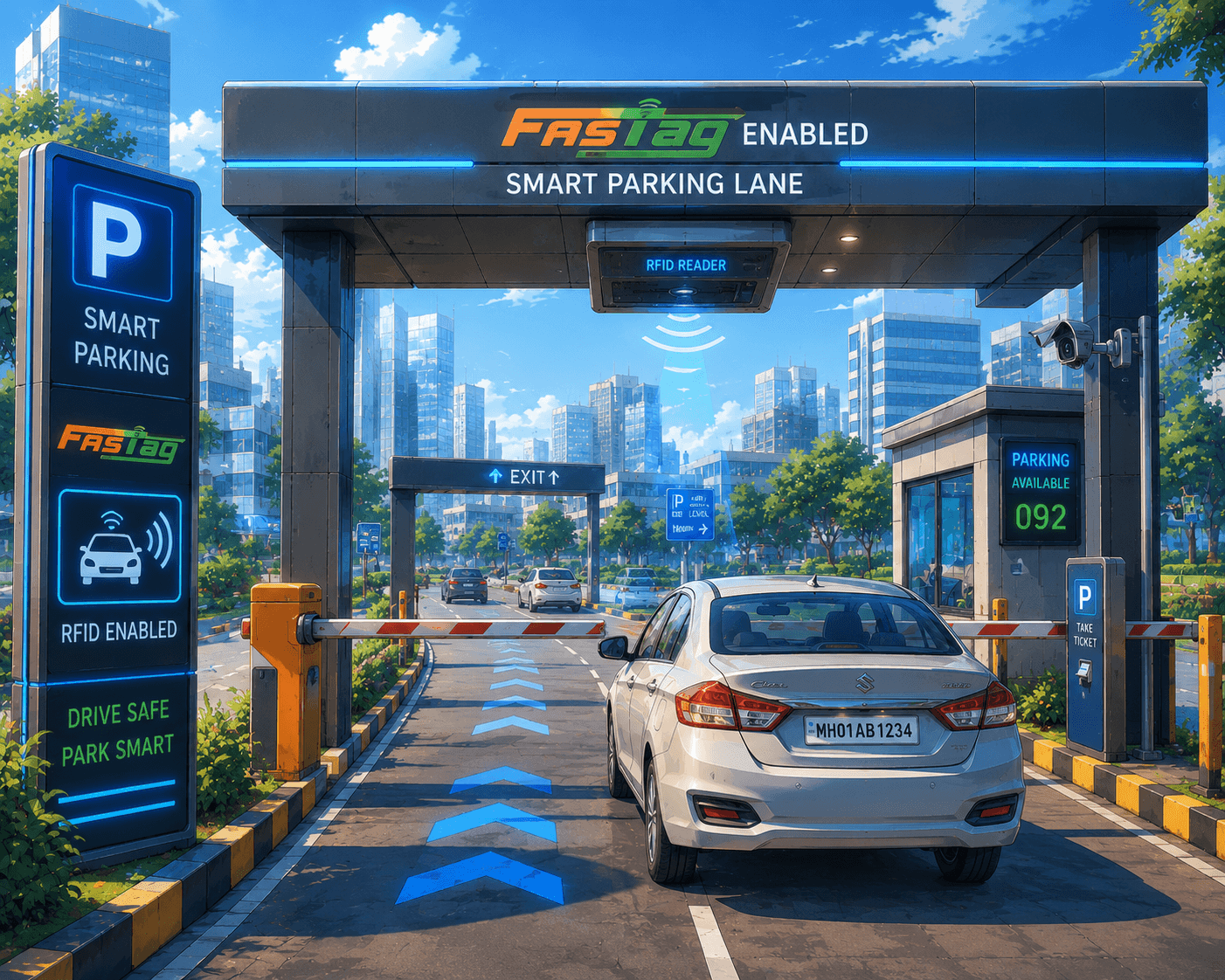FASTag enabled smart parking lane with RFID reader gantry and boom barrier