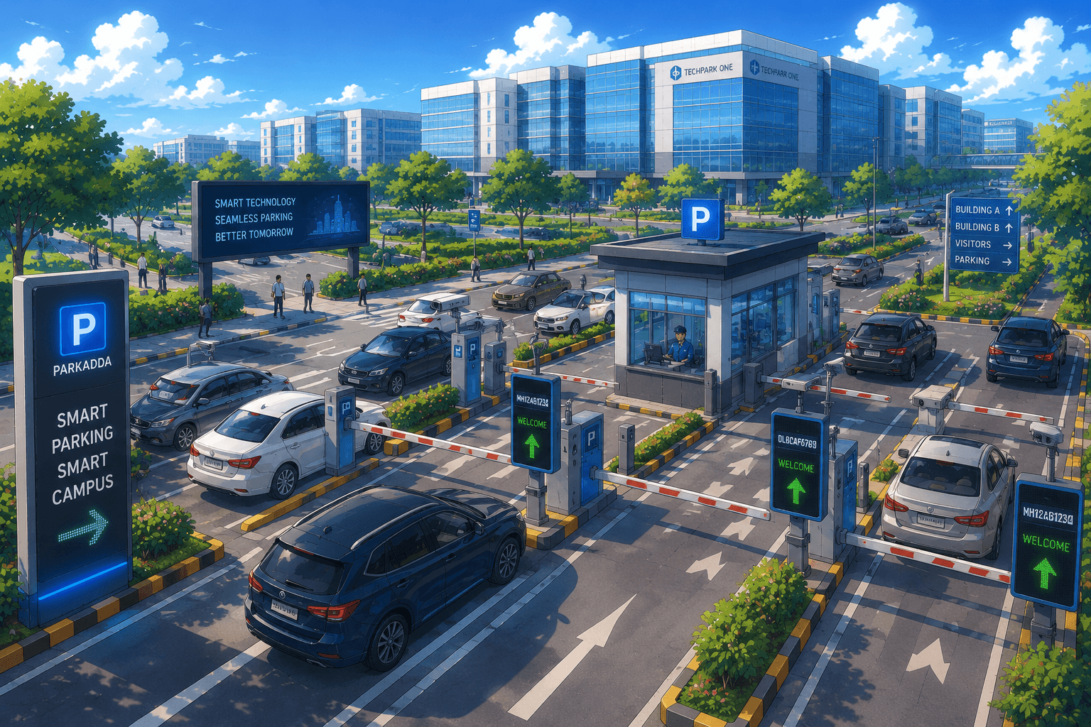Corporate campus smart parking with Parkadda barriers and multi-lane entry