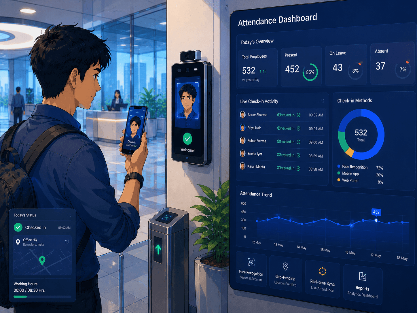Attendance dashboard with face recognition gate and mobile check-in, showing live data